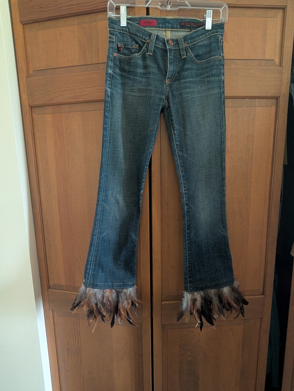 Ag Adriano Goldschmied Dark Blue Denim Flare Jeans with Feather Trim